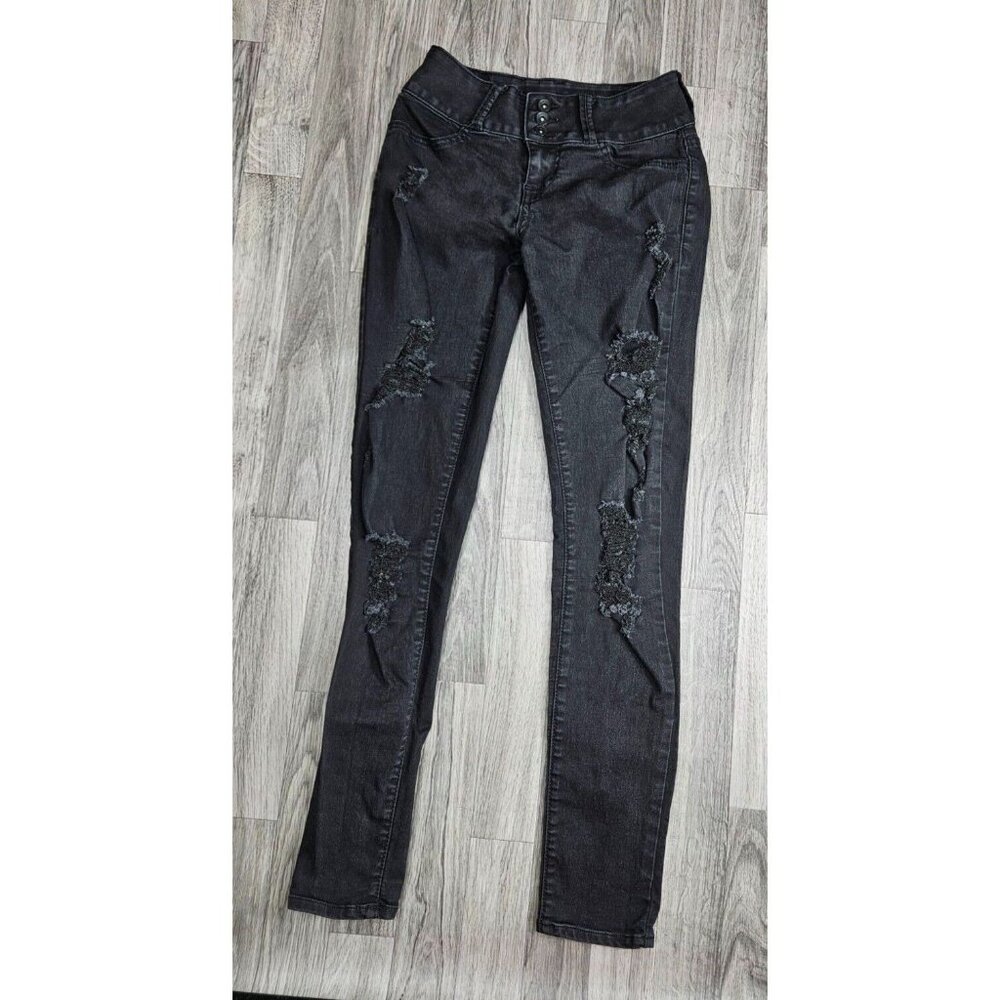 Black Heart Size 1 Super Skinny Stretch Distressed Black Grey Jeans